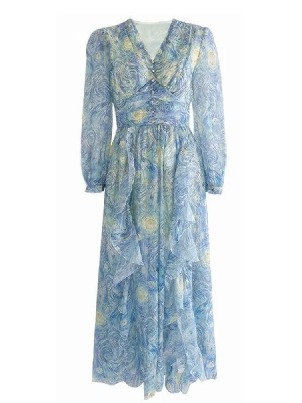 Tanya V Neck Long Sleeve Vintage Print Gown Dress - Blue Print