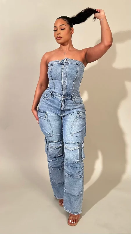 Aubree Strapless Light Wash Denim Cargo Jumpsuit