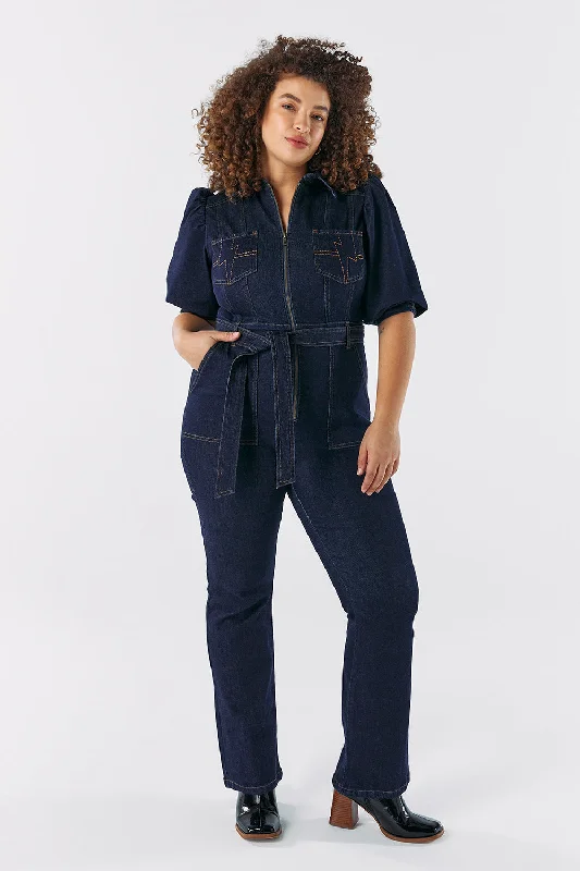 Rinse Wash Denim Flared Leg Jumpsuit