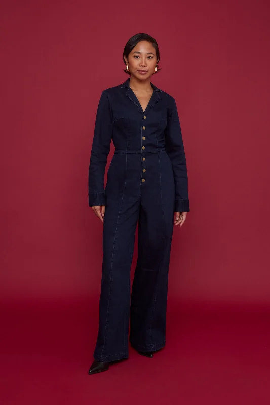 Midnight Denim Long-Sleeve Jumpsuit