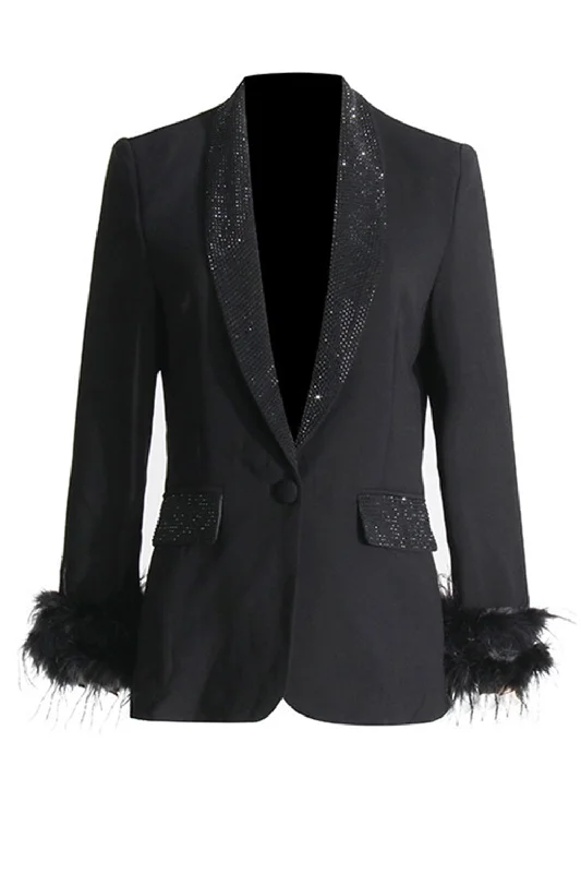 Sparkly Shawl Lapel Women Blazer with Feathers