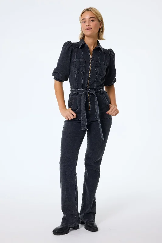 Washed Black Denim Flared Leg Jumpsuit