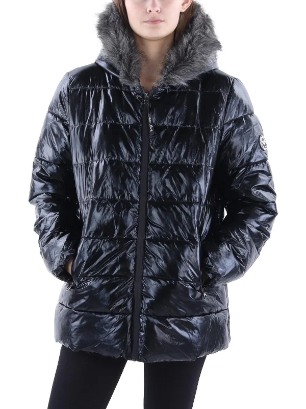 Womens Quilted Faux Fur Trim Puffer Jacket