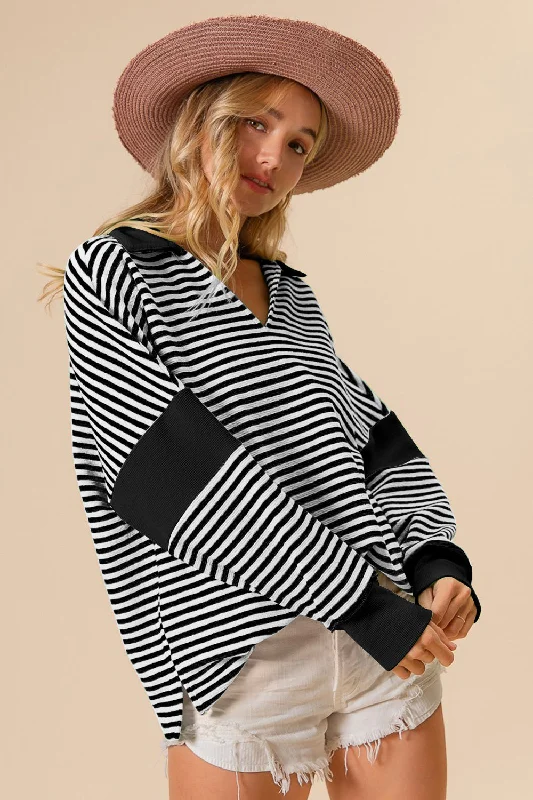 Hot Girl Striped Contrast Knit In Black Long Sleeve Top