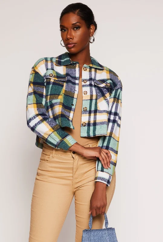 Brush Knit Plaid Cropped Shacket