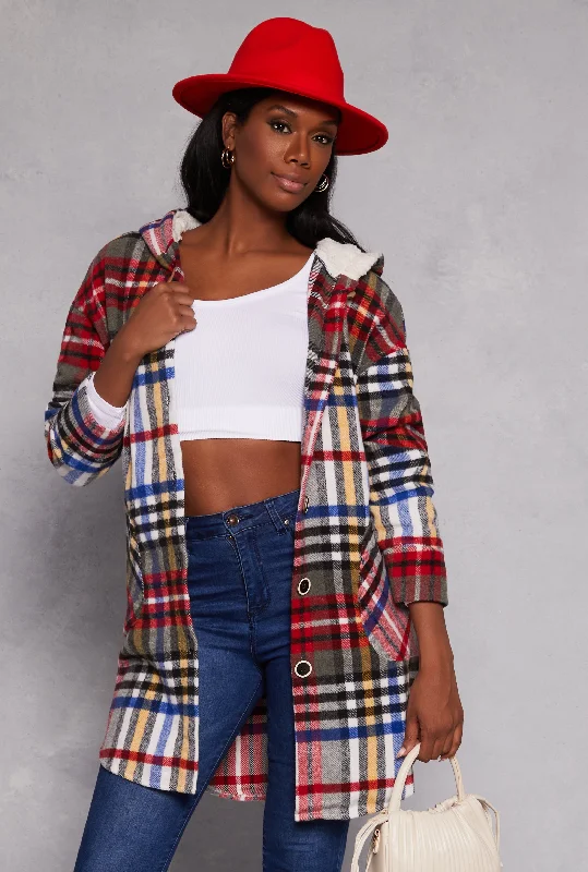 Spoon Jeans Plaid Flannel Long Hooded Shacket