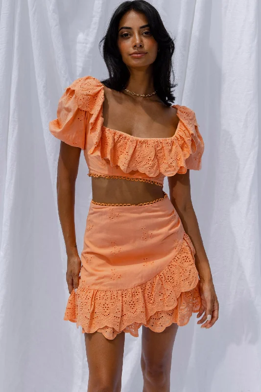 New Moon Ruffle Trim Puff Sleeve Eyelet Crop Top Orange