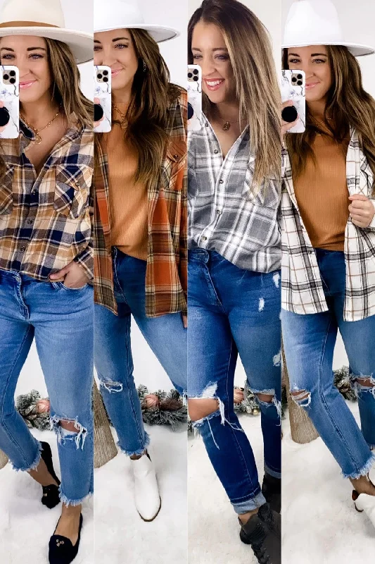 Plaid To See You- {Bone, Rust, Tan & Gray} Plaid Flannel w/ Removable Hood