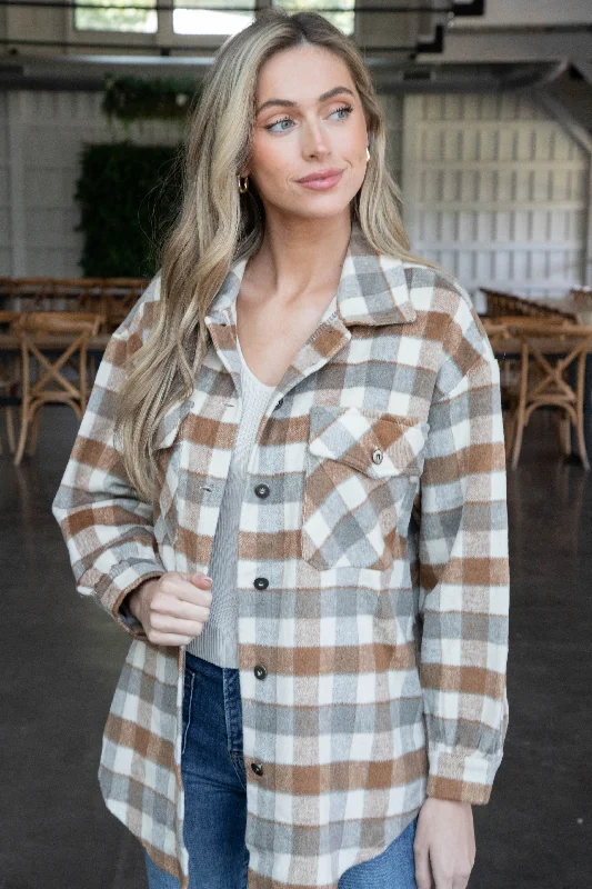 Riya Button Down Plaid Shacket, Caramel