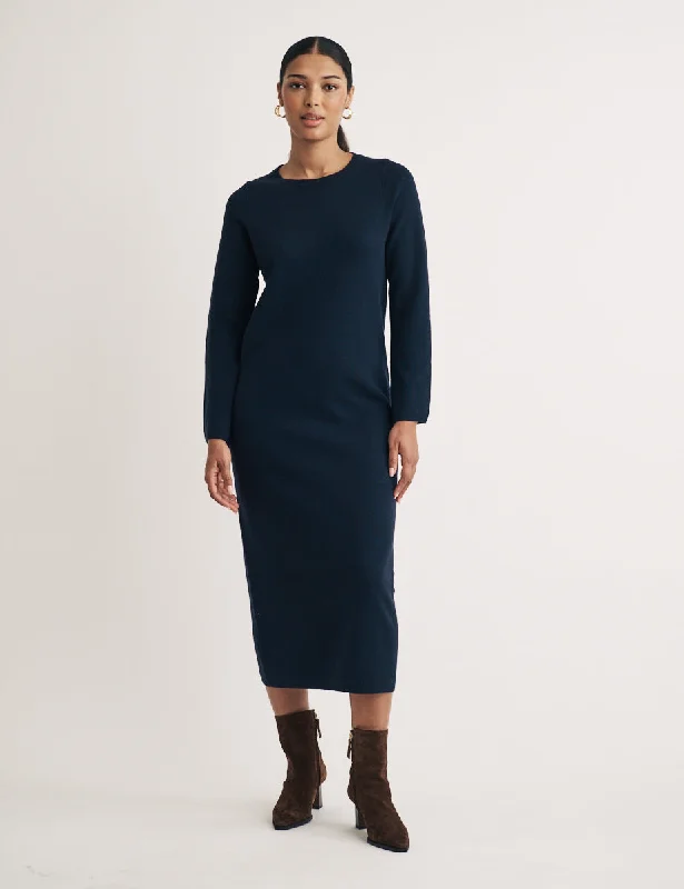 Navy Long Sleeve Knitted Midi Jumper Dress