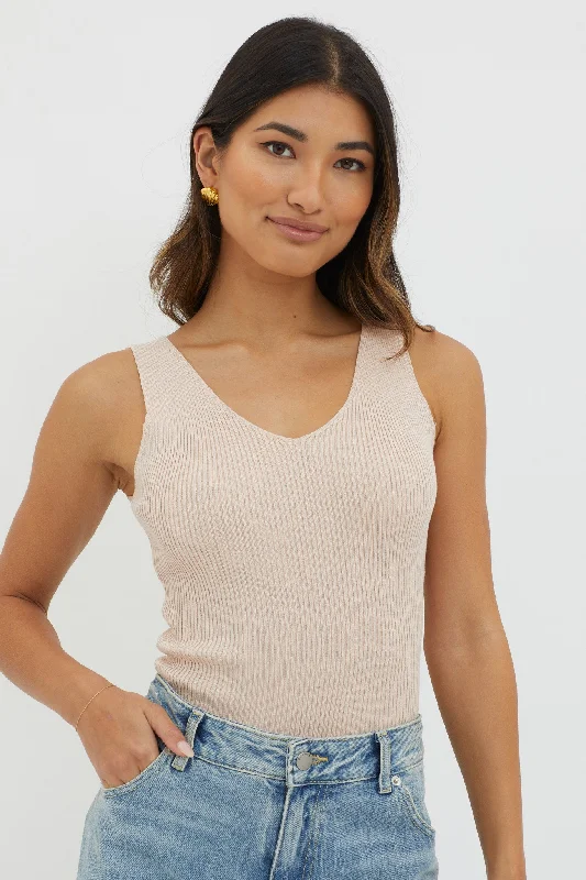 Off-Duty V-Neck Ribbed Knit Top Beige