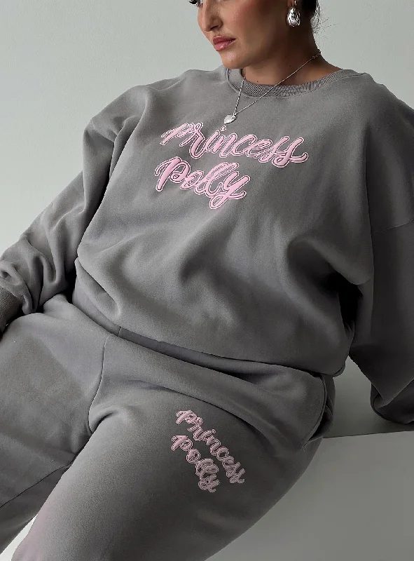 Princess Polly Crew Neck Sweatshirt Puff Text Charcoal Curve