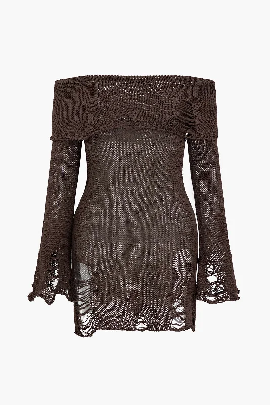 Fashionable clothing to fit every body type   Off The Shoulder Ripped KnitLong Sleeve Mini Dress
